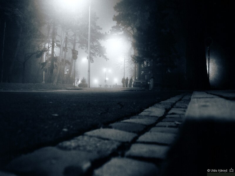 Cobblestone Street at Night — Black