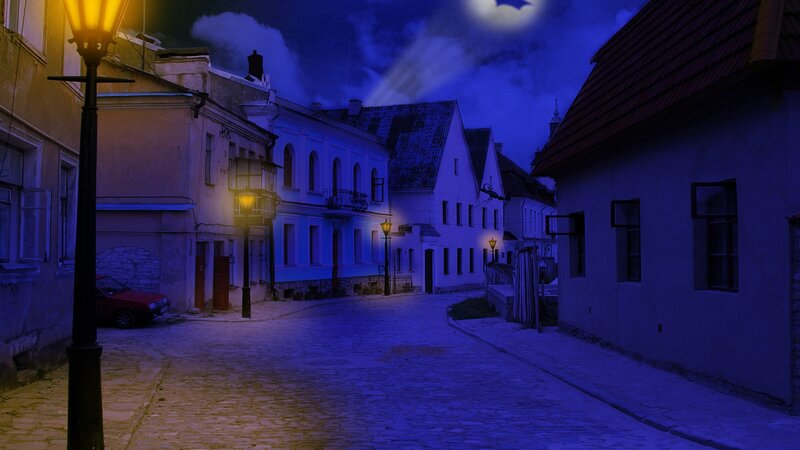 Cobblestone Street at Night — Blue, Dark