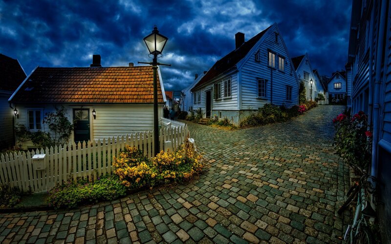 Cobblestone Street at Night — Blue, Dramatic, Photograph
