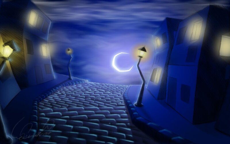 Cobblestone Street at Night — Blue, Serene, Digital Art