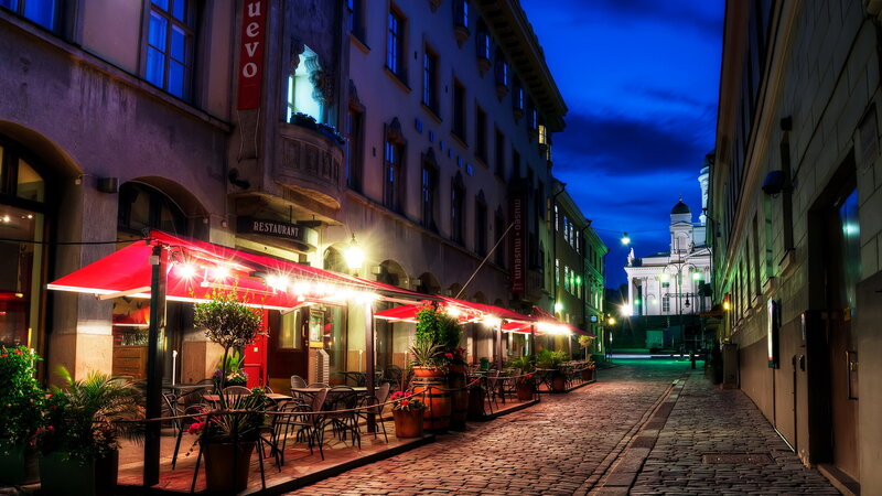 Cobblestone Street at Night — Blue, Serene