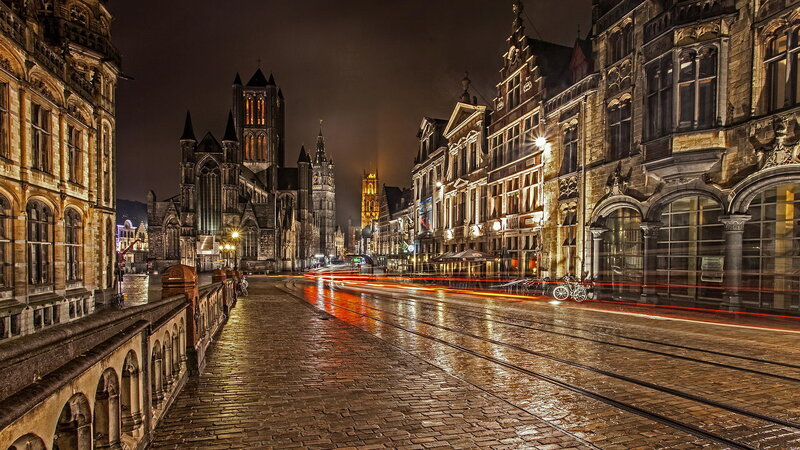 Cobblestone Street at Night — Brown, Dramatic