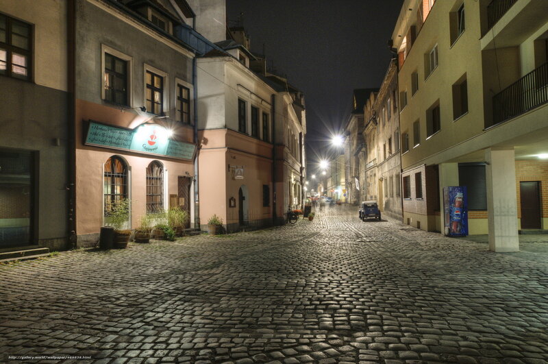Cobblestone Street at Night — Gray, Quiet, Photograph