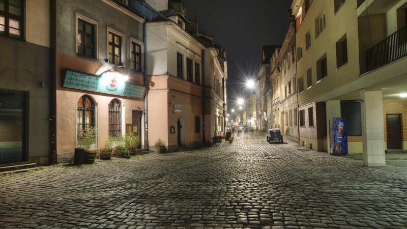 Cobblestone Street at Night — Gray, Quiet