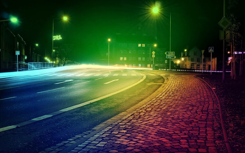 Cobblestone Street at Night — Green, Dramatic