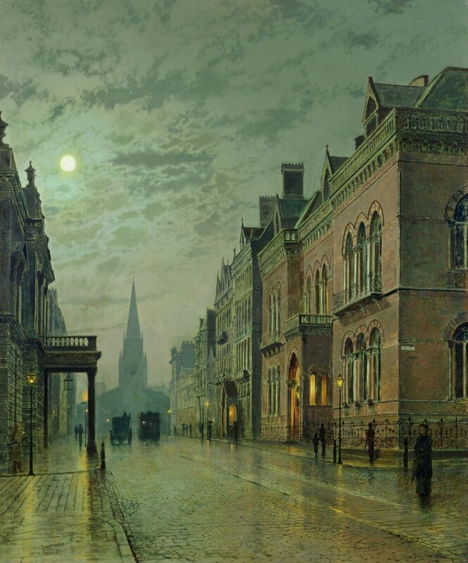 Cobblestone Street at Night — Green, Moody