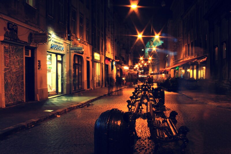 Cobblestone Street at Night — Orange, Dark