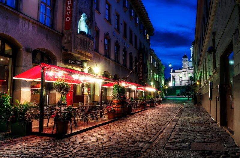 Cobblestone Street at Night — Red, Dramatic
