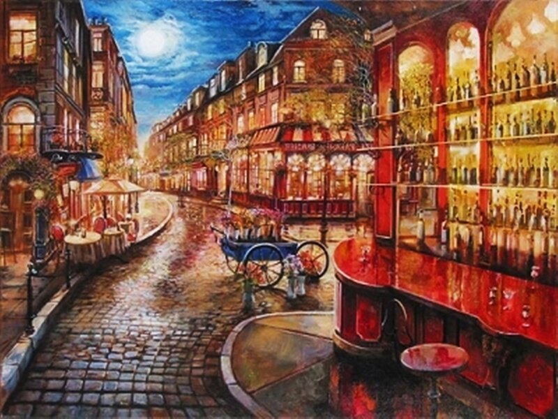 Cobblestone Street at Night — Red, Serene