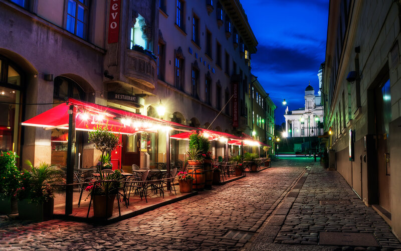 Cobblestone Street at Night — Red