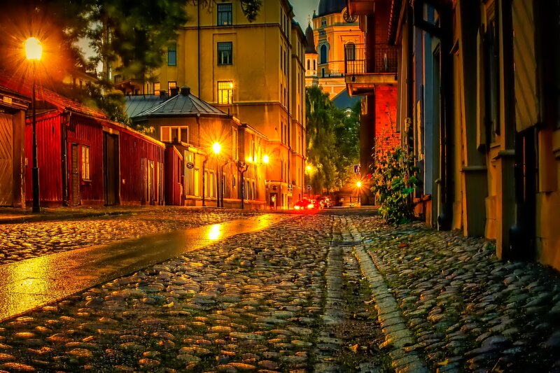 Cobblestone Street at Night — Yellow, Dramatic