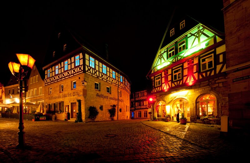 Cobblestone Street at Night — Yellow, Quiet, Photograph