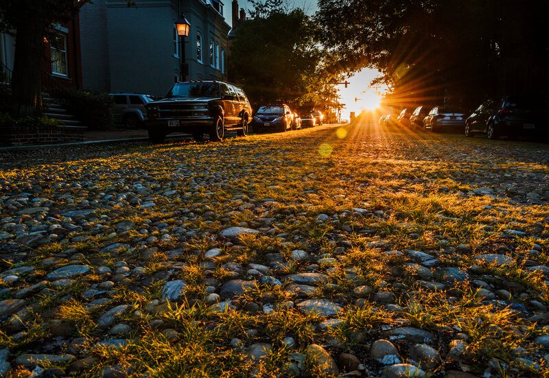 Cobblestone Street at Sunset — Gold