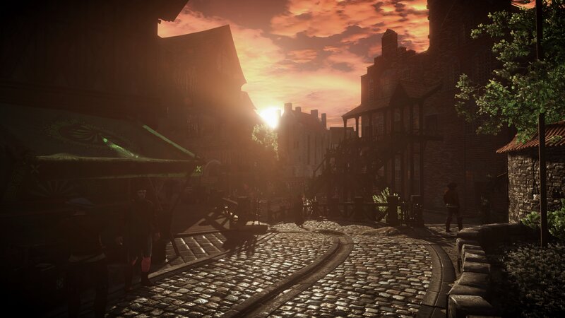 Cobblestone Street at Sunset — Orange, Dramatic, 3d Render