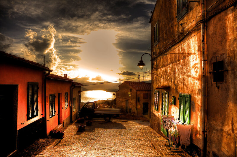 Cobblestone Street at Sunset — Orange