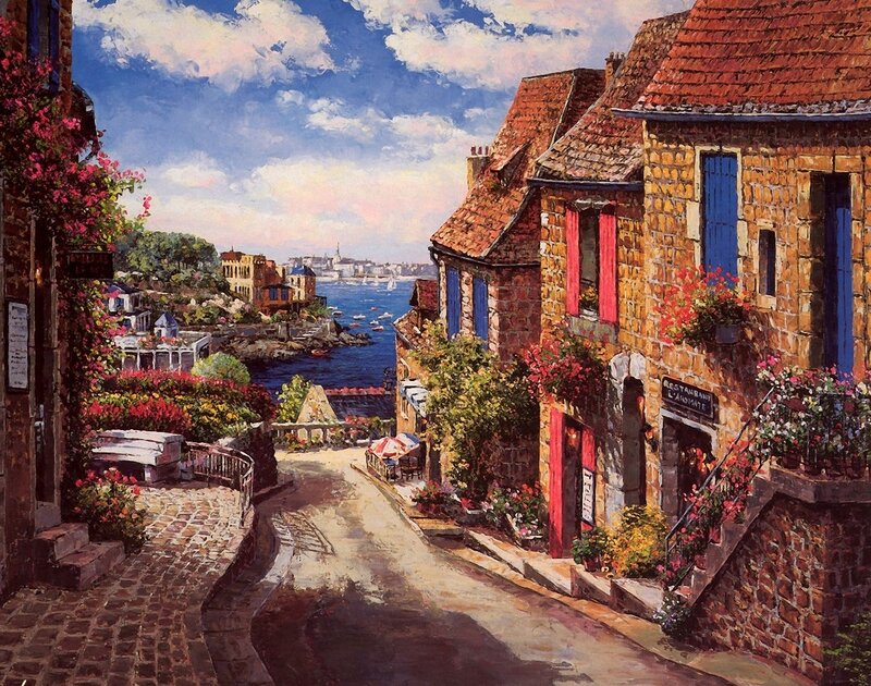 Cobblestone Street in Coastal Town