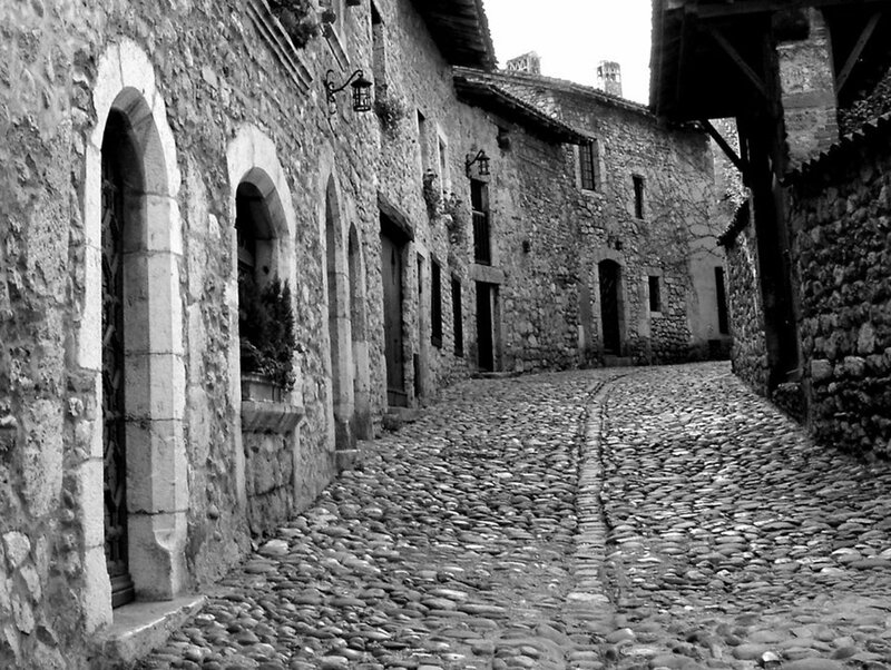 cobblestone street in old village