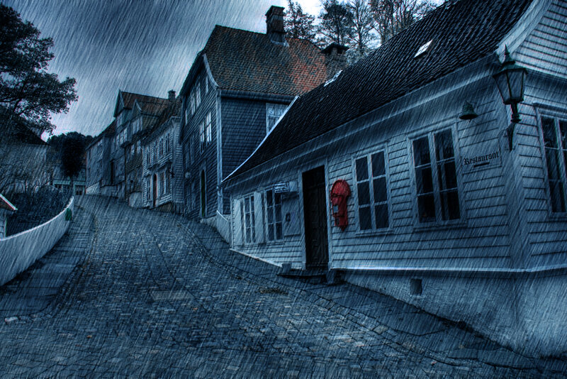Cobblestone Street in Rain