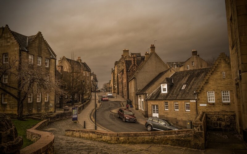 Cobblestone Street in Town — Brown, Dramatic, Autumn
