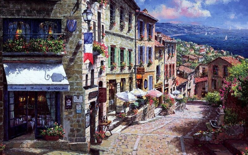 Cobblestone Street in Village — Blue