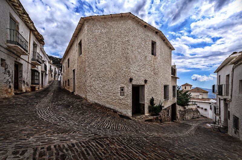 Cobblestone Street in Village — White, Dramatic