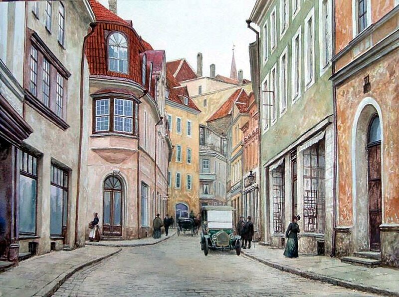 Cobblestone Street Scene — Beige