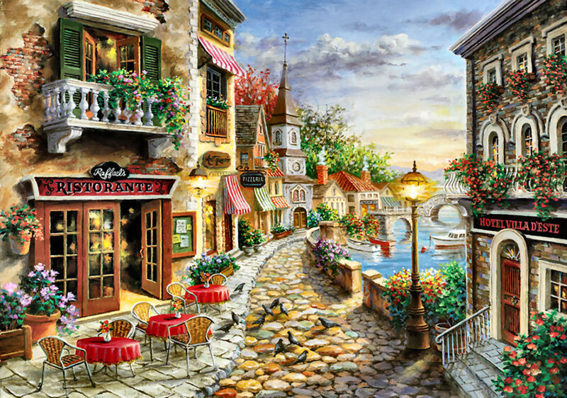 Cobblestone Street Scene — Blue, Serene, Afternoon