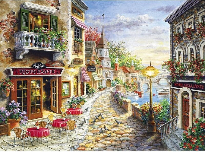 Cobblestone Street Scene — Blue, Serene
