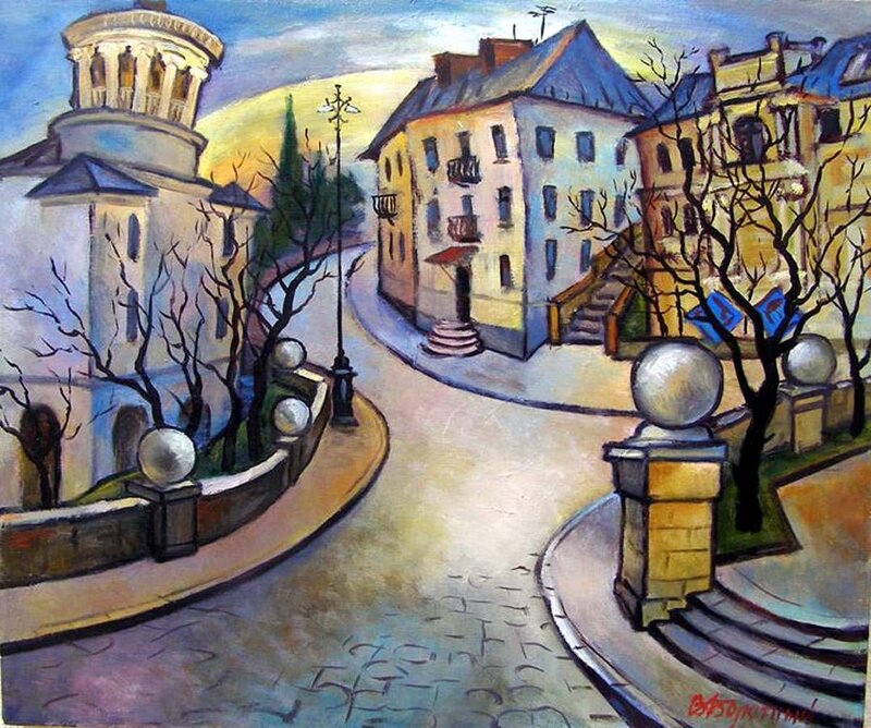 Cobblestone Street Scene — Blue