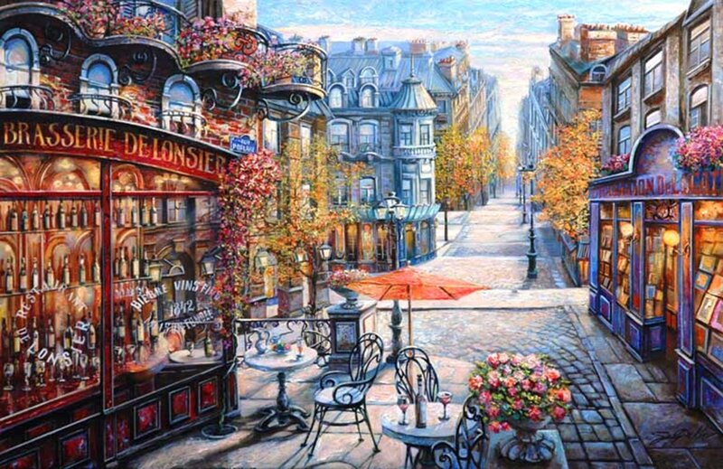 Cobblestone Street Scene — Red, Serene, Autumn