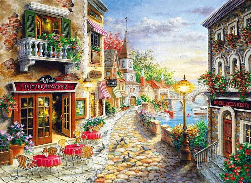 Cobblestone Street Village — Blue, Serene