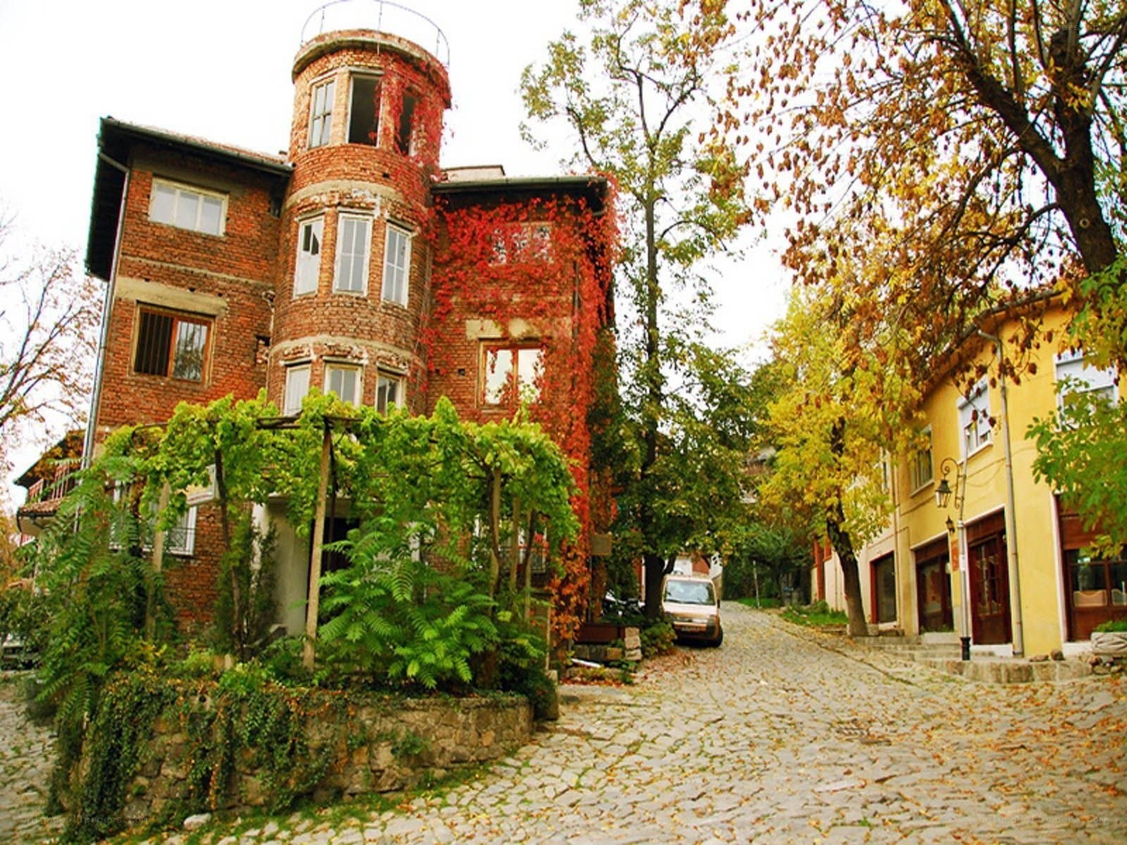 Cobblestone street with brick building