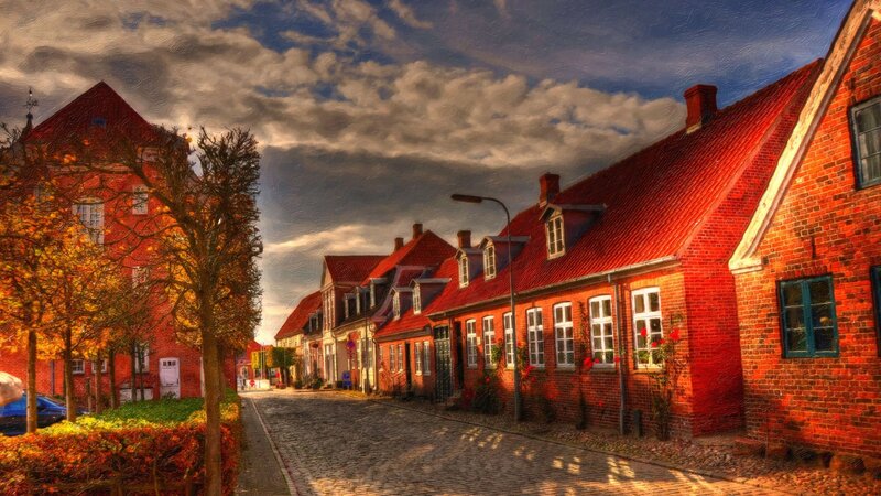 Cobblestone Street with Brick Houses — Red, Dramatic, Autumn