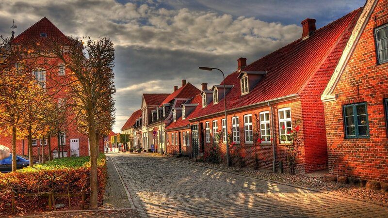 Cobblestone Street with Brick Houses — Red, Dramatic