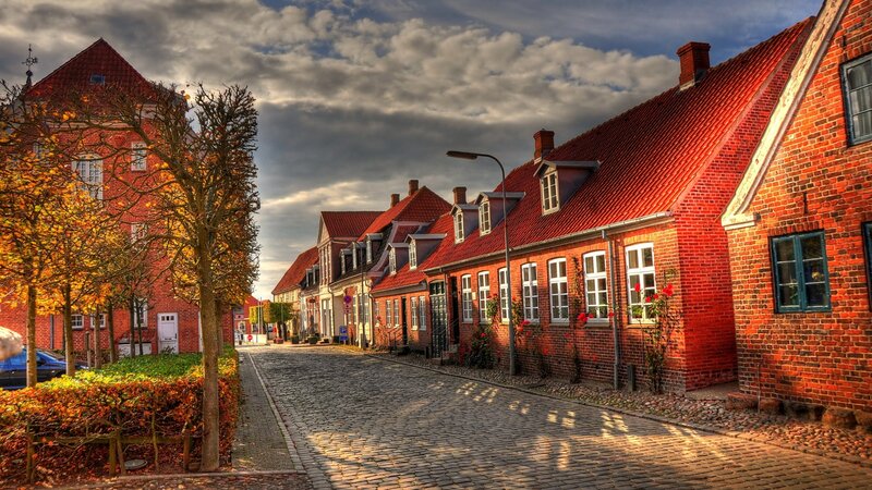 Cobblestone Street with Brick Houses