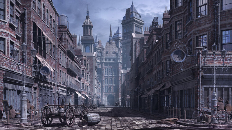 Cobblestone Street with Buildings — Gray, Dramatic