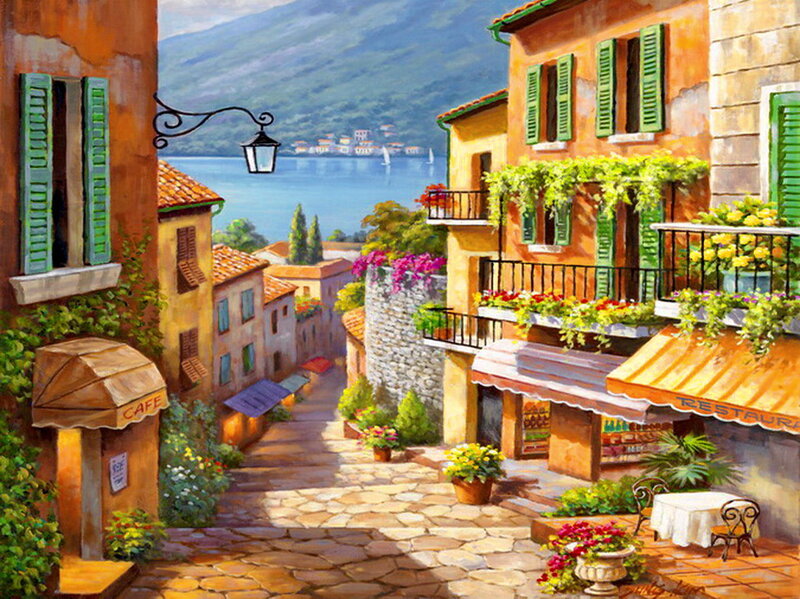 Cobblestone Street with Buildings — Orange