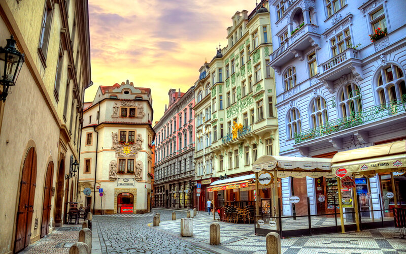 Cobblestone Street with Buildings — Yellow, Dramatic