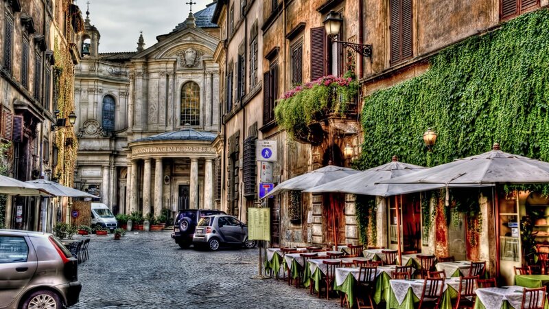 Cobblestone Street with Cafe — Green