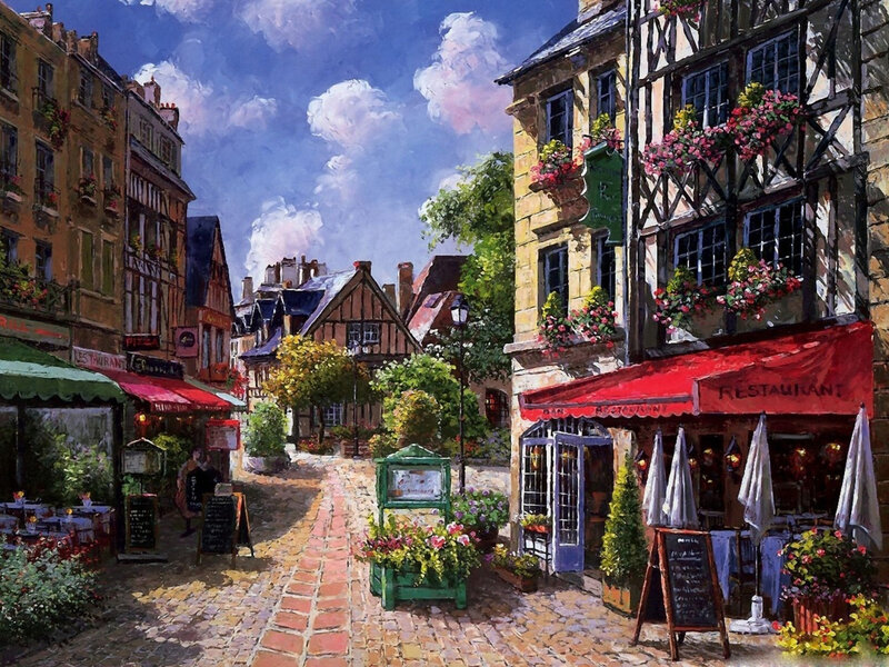 Cobblestone Street with Cafes — Blue