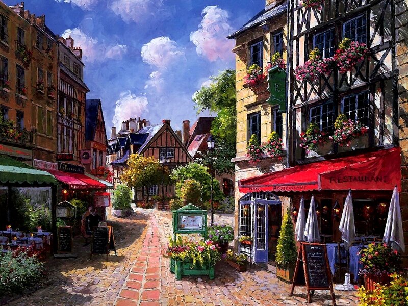 Cobblestone Street with Cafes — Blue, Vibrant