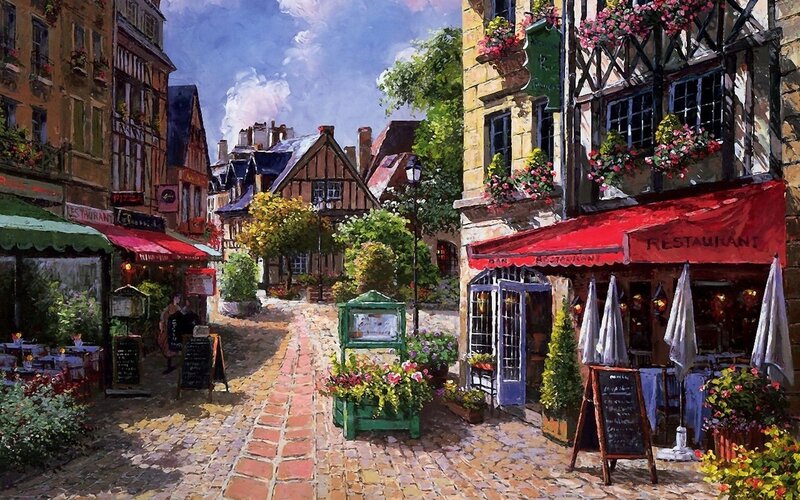 Cobblestone Street with Cafes — Red, Serene