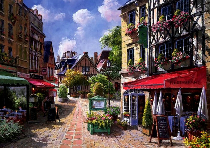 Cobblestone Street with Cafes — Red