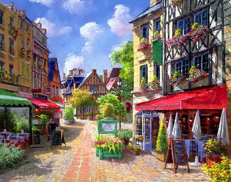 Cobblestone Street with Cafes
