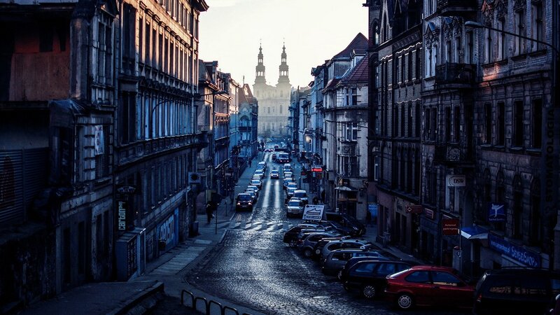 Cobblestone Street with Cars — Blue, Dramatic