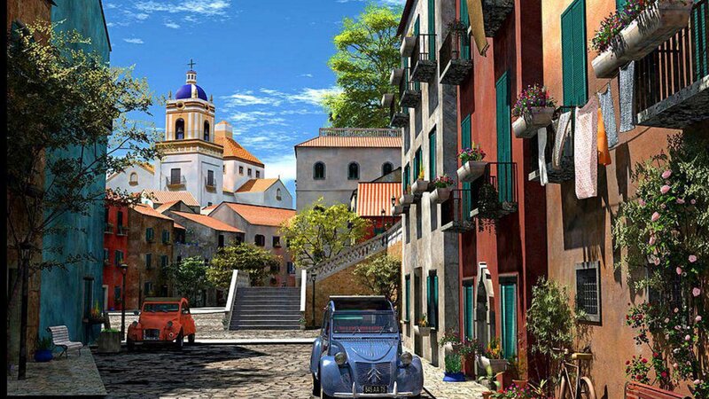 Cobblestone Street with Cars — Blue