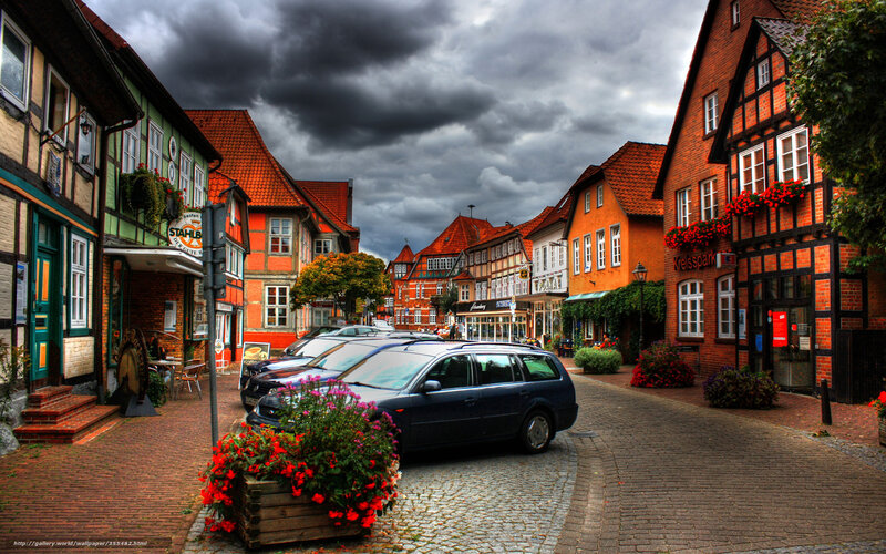 Cobblestone Street with Cars — Red, Dramatic