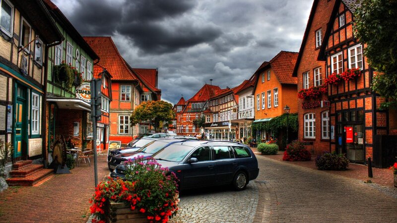 Cobblestone Street with Cars — Red