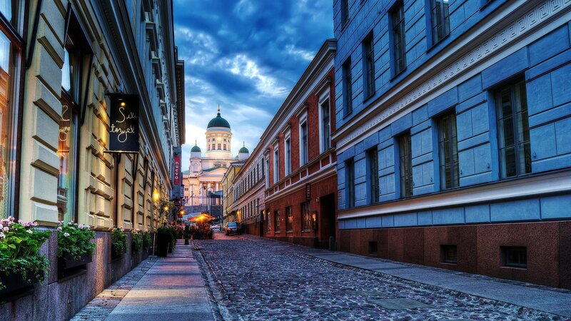 Cobblestone Street with Cathedral — Blue, Dramatic, Sunset