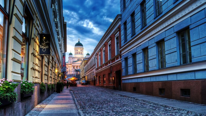 Cobblestone Street with Cathedral — Blue